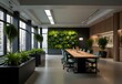 Green office spaces filled with lush plants and sustainable design elements, generative AI