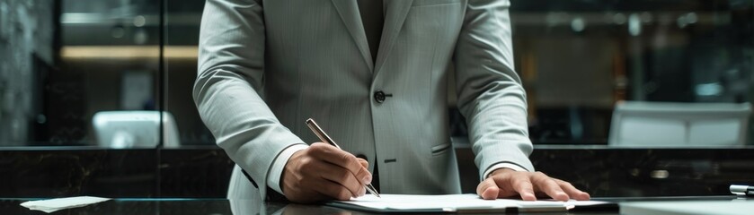 Envision a male CEO in a light grey suit, torso visible, pen in hand as if ready to sign a crucial deal