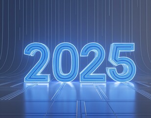 Wall Mural - 2025 new year blue color neon effect on white background 3d illustration rendering . happy new year concept