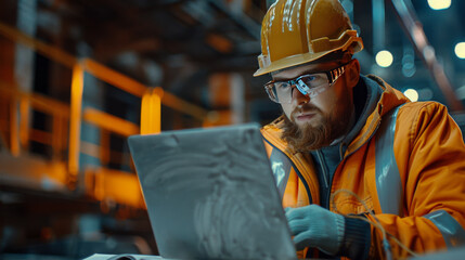 Wall Mural - Focused industrial worker with beard using a laptop in a warehouse setting.