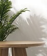 Round wooden table podium, green tropical tree in dappled sunlight on white wall for modern, luxury fashion, beauty, cosmetic, skincare, body care, product background 3D