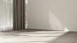 © Sue Tansirimas - Cream wall room in sunlight from window with sheer and beige blackout curtain, tree shadow on white baseboard, carpet floor luxury, minimal interior design decoration product background 3D