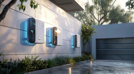 3D rendering of three modern white wall mounted electric car charging stations with digital screens and blue lights on the side of an urban house. copy space for text.