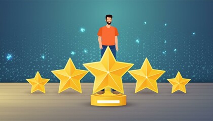 Wall Mural - Gold five star rating trophy success award symbol on achievement 3d background of best customer feedback review winner prize or golden victory premium quality ranking rate and excellent satisfaction.