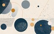 Bohemian-style minimalist modern art composed of circles, straight and curved lines, and small dots in blue, gray, and orange. Wallpaper design,presentations, banners, flyers, cover pages.