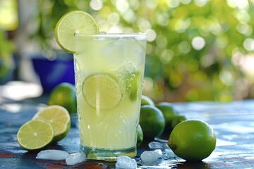 Wall Mural - glasses of lemonade with mint and lime slices on a table, the sun shining on the background