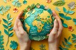 a person holding a paper earth in their hands on a yellow background with leaves and flowers around it