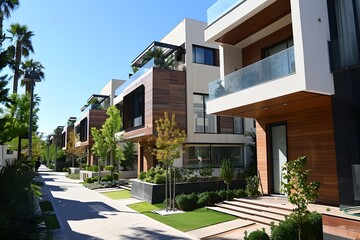 Canvas Print - a row of houses with a lot of trees and bushes on the side of the street