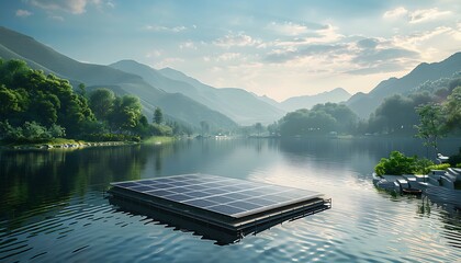 Showcasing the innovation of a floating solar array on a serene lake