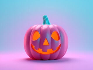 Wall Mural - a pink pumpkin with glowing eyes on a blue background