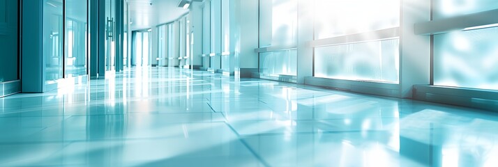 modern clean hospital hallway with a lot of windows and blue floor