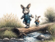cartoon two happy bunnies father and son are balancing on a fallen log over a stream, fantasy charcoal sketch whimsical watercolor and ink,