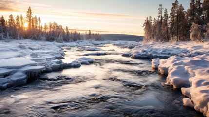 Canvas Print - beautiful natural scenery in winter. The setting sun provides a backdrop that casts light on the flowing river and the snowy trees stand on both sides of the river