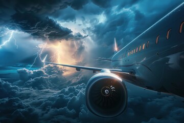 A plane is flying through a storm with a lightning bolt in the sky.