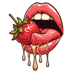 Wall Mural - Vector Female mouth dripping with strawberry fruit