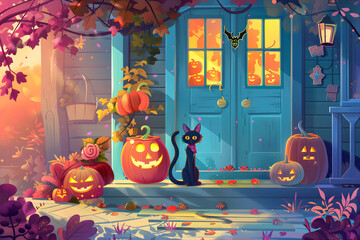 Wall Mural - Halloween door and porch with pumpkins and witch cat with holiday decorations at house.