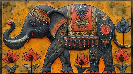 Graceful elephant adorned with lotus decorations, painted in traditional Madhubani Bharni style, embodying serenity and wisdom