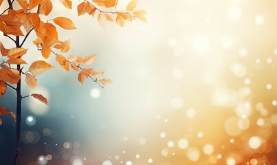 Wall Mural - Dry Yellow Leaves and Tree Branches on Blue and Orange Gradient Blur Bokeh Background. Copy Space for Autumn Banner or Poster