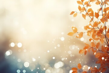 Wall Mural - Dry Yellow Leaves and Tree Branches on Blue and Orange Gradient Blur Bokeh Background. Copy Space for Autumn Banner or Poster