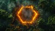 A dreamlike scene of a glowing neon hexagon glowing amidst the dense foliage of a forest