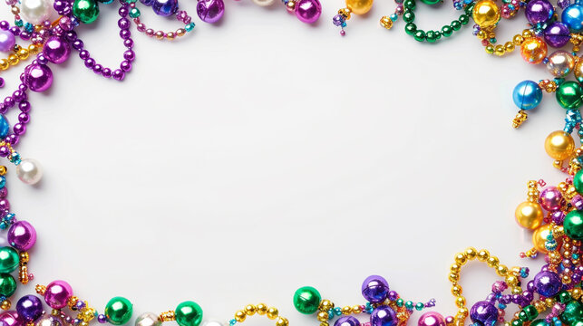 Mardi Gras beads frame on white background with copy space