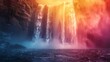A cascading waterfall tumbling over a cliff of black rock, its misty spray catching the light and creating a dazzling display of colors