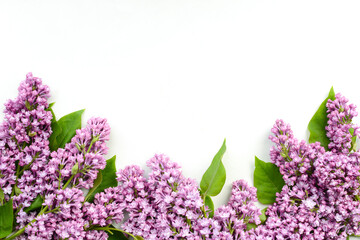 Wall Mural - Lilac flowers on white background. Beautiful spring flowers. Floral composition, Flat lay, top view, copy space. Floral background for Birthday, Spring Holiday, Mother's day, Women's day, Wedding
