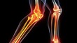 Radiographs of the lower leg and foot are shown in red and yellow on a black background 3D rendering. Knees and joints hurt, medical help from a doctor, consultation with an orthopedic surgeon