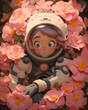 Girl in space suit with flower and roses around 
