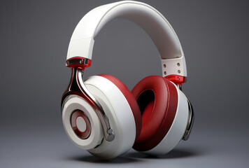 A pair of white headphones with red accents, styled in a smooth and shiny manner, are multilayered and have loose forms.