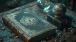 Dark mystical book with an ornate cover next to a crystal ball and black box with gems.