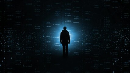 Wall Mural - dark blue business data with businessman silhouette animation background.