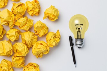 light bulb made of yellow paper crumpled sheets and black pen on white background, idea concept copy space banner template