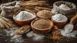 Different types of natural grains and flours with fresh wheat, artistically presented on a vintage wood backdrop.