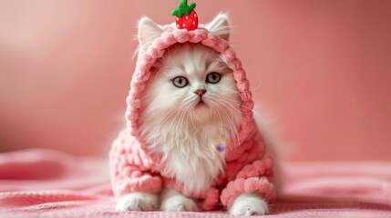 Wall Mural - A cute white kitten wearing a red sweater and a hat
