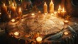 Mystic circle drawn on a wooden surface surrounded by various candles and a feather in dim lighting enhances an ancient ritual vibe.