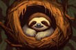 Cute sloth peeking out from tree hollow