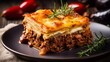 Delicious homemade lasagna with ground beef and melted cheese