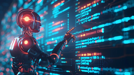 Android robot navigating through a cyber digital world, pointing its finger towards a glowing computer coding interface.luminous glow of digital technology, an android engages in the art of computer.