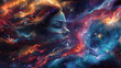 © NoonPanaya - beautiful woman enveloped by the captivating allure of a space nebula, transcending earth. beauty of a woman's features enhanced by the vibrant and expressive strokes of a digital paint splash.