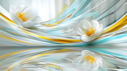 Wall Mural -   A painting of white flowers against a blue-yellow backdrop, mirrored in the tranquil water's surface