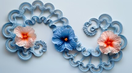 Sticker -   A collection of blue and pink blossoms atop a blue-and-white wall, adjacent to a plain white one