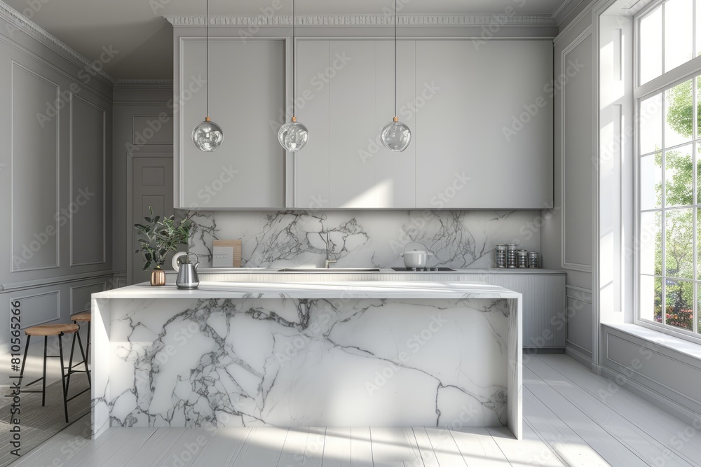 Modern kitchen with a marble island and white cabinets. The light grey ...