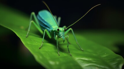 Sticker - Close-up of a vibrant green grasshopper on a leaf