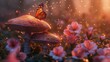Two luminescent mushrooms among a bed of pink flowers with a butterfly dispersing magical sparkles in a mystical garden.