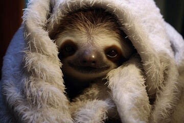 Poster - Cute sloth peeking out from fluffy white fur