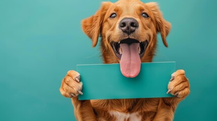 Wall Mural -   A tight shot of a dog sticking out its tongue while holding a sign