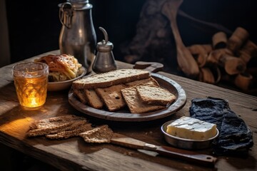 Wall Mural - rustic breakfast scene with bread, butter, and coffee