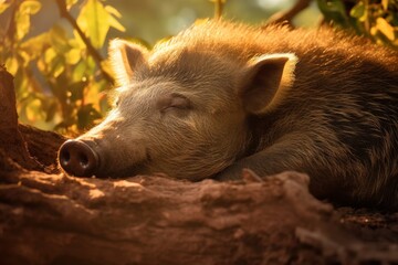 Canvas Print - Sleeping pig in autumn leaves