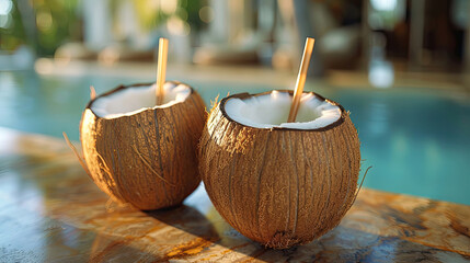 Wall Mural - Opened coconut with straw on the table with the pool on background